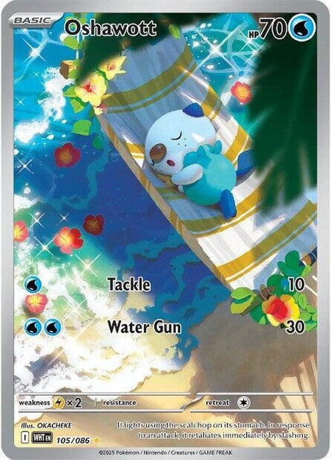 White Flare Pokémon card featuring Oshawott from the Singles collection, with vibrant artwork and detailed design.