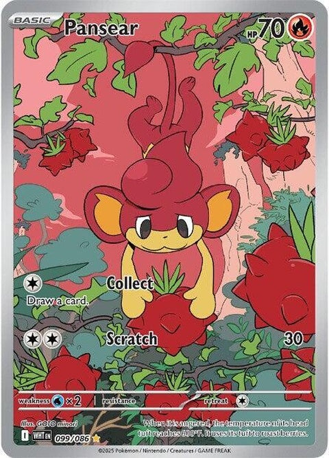 White Flare Pansear Pokémon singles card, featuring artwork of the Fire-type Pokémon with white flames, numbered 99.