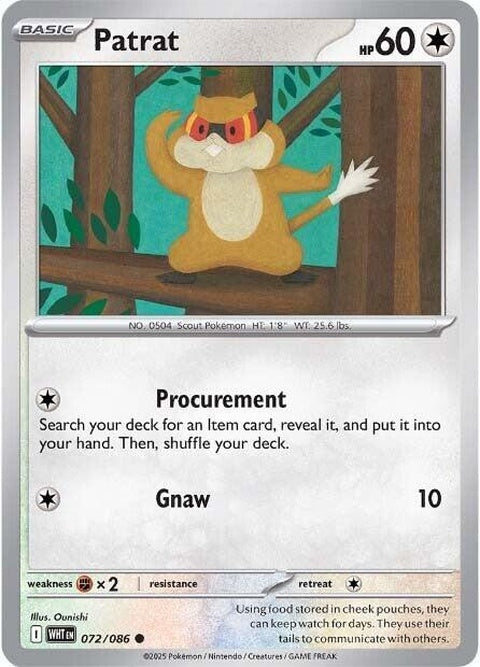 White Flare Patrat Pokémon single card with artwork showing a white and brown rat-like Pokémon on a plain background