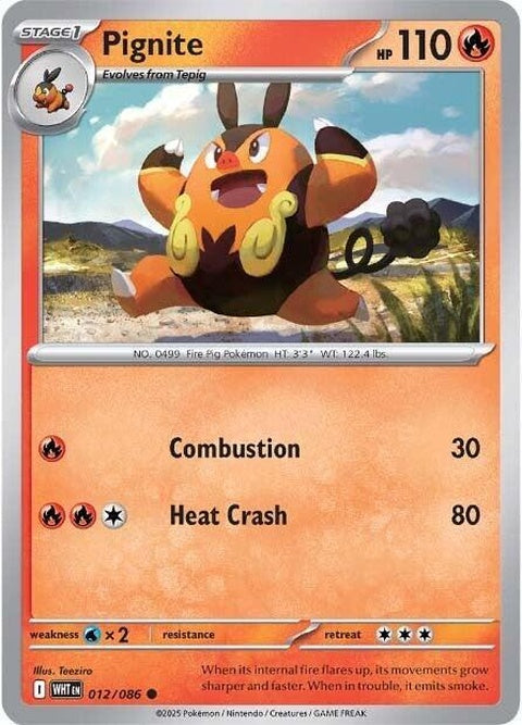 White Flare Pignite Pokémon card, a 12-card singles collection featuring the fiery Fire and Fighting type Pokémon.