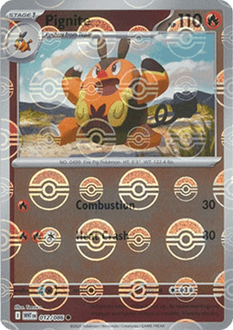 White Flare Pignite Pokémon card with Poke Ball pattern, 12-card singles set, featuring artwork of the Fire and Fighting type Pokémon.