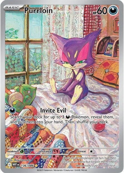 White Flare Purrloin Pokémon card from the Singles series, featuring a white-themed illustration of the feline Pokémon.