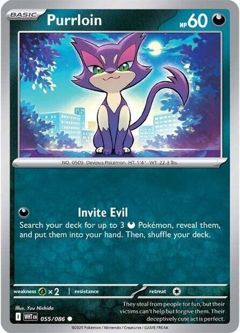 White Flare Purrloin Pokémon card, featuring a white-themed design and artwork of the Pokémon Purrloin in a flare pose.