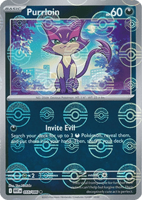 White Flare Purrloin Pokémon card with Poke Ball pattern, featuring a white background and Pokémon-themed design.