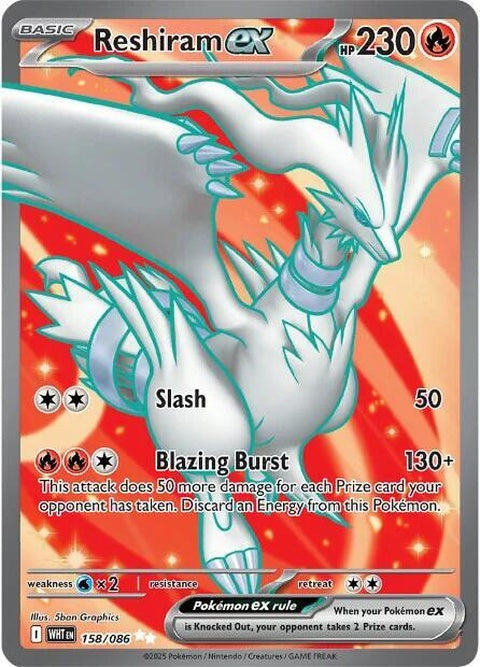 White Flare Reshiram EX Pokémon card, featuring a white flare background and detailed illustration of Reshiram EX.