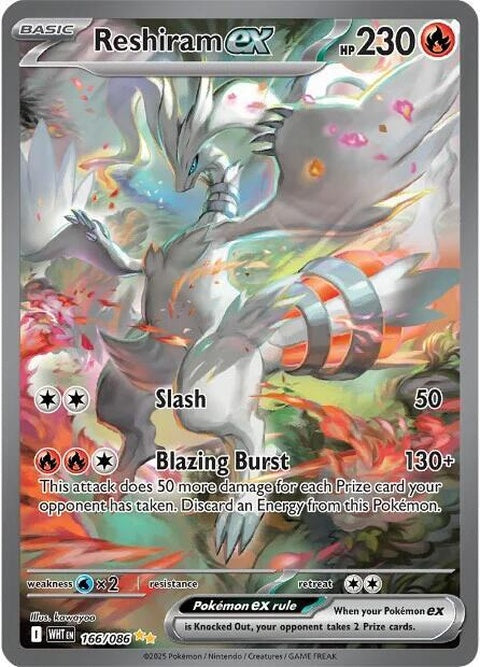 White Flare Reshiram EX Pokémon card, featuring a white flare background and image of Reshiram in a dynamic pose.
