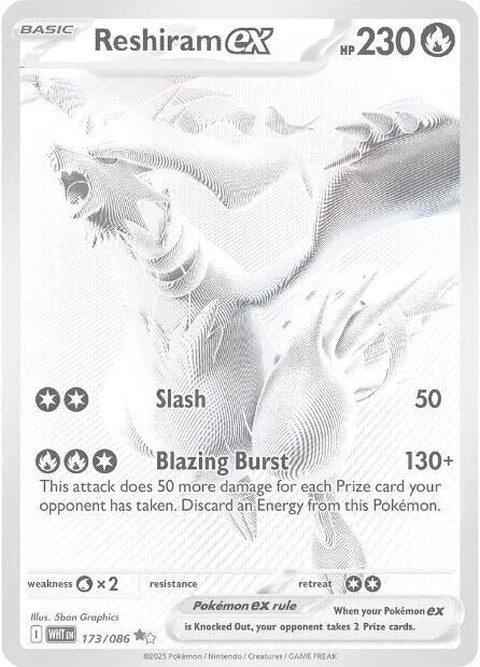 White Flare Reshiram EX Pokémon trading card, featuring a white flare design and detailed artwork of Reshiram EX.