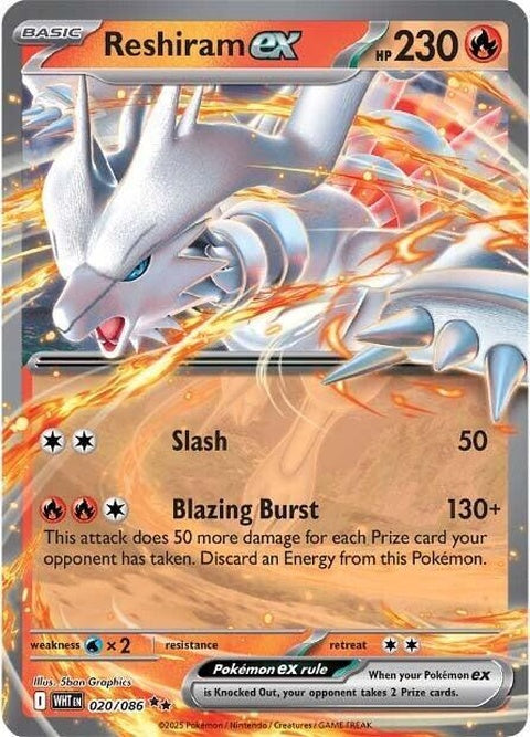 White Flare Reshiram EX Pokémon card, featuring a white dragon with flare design, in a singles trading card game set.
