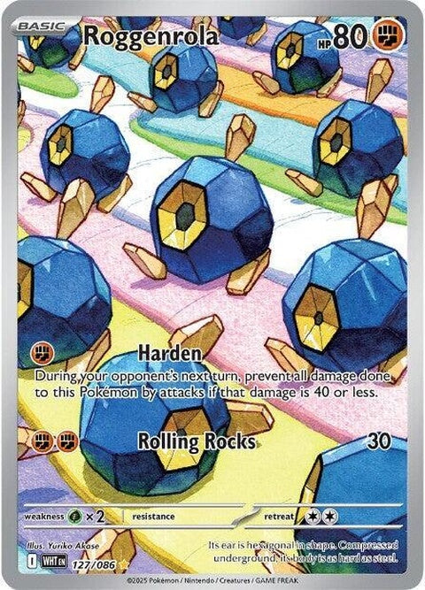 White Flare Roggenrola Pokémon figure, showcasing its white, rounded body and pointed ear-like features, on a plain background.