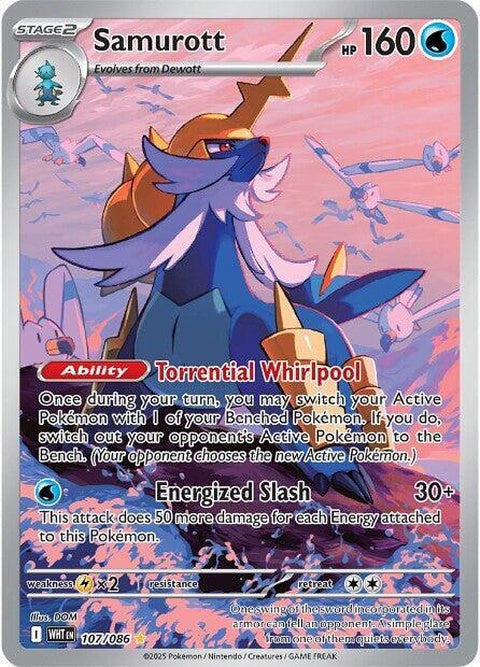 White Flare Samurott Pokémon trading card, featuring a white-flamed illustration of the Water-type Pokémon.
