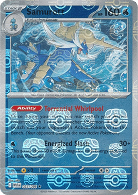 White Flare Samurott Pokémon figure with Master Ball pattern, featuring detailed design and vibrant white and blue colors.