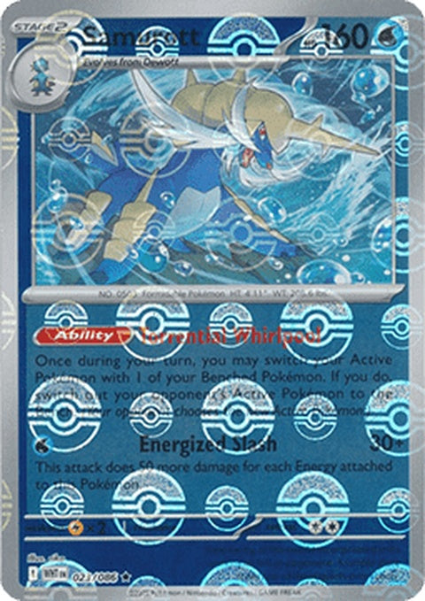 White Flare Samurott Pokémon card with Poke Ball pattern, featuring a white background and detailed illustration.