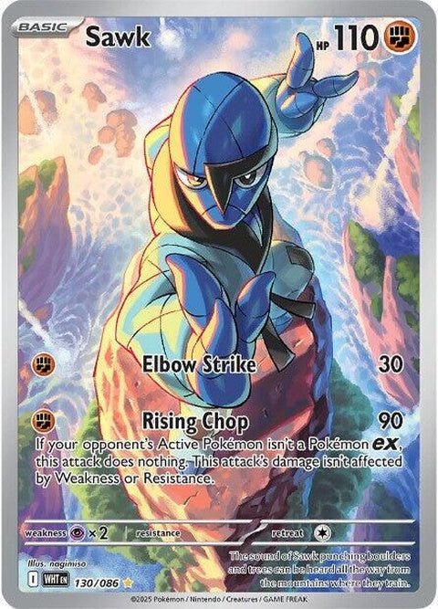 White Flare Sawk Pokémon singles card, featuring the Fighting type Pokémon in a dynamic pose on a white background.