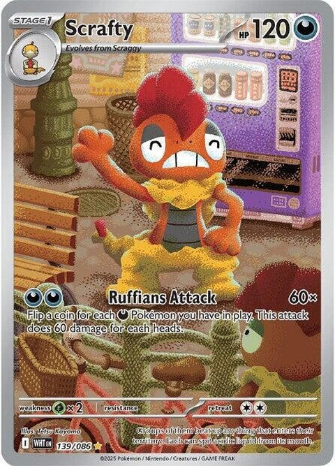 White Flare Scrafty Pokémon card from the Singles series, featuring a white-themed design and detailed artwork.