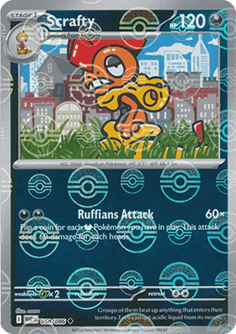 White Flare Scrafty Pokémon card with Poke Ball pattern, size 58, featuring Pokémon branding and detailed artwork.