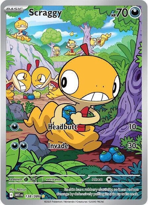 White Flare Scraggy Pokémon card from the Singles collection, featuring a white flare background and Scraggy character.
