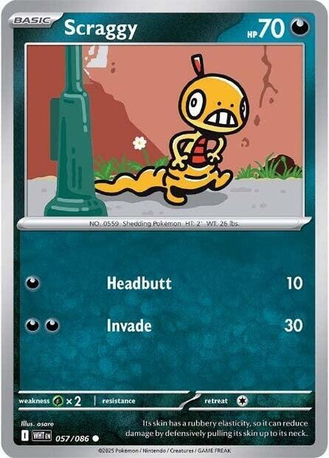White Flare Scraggy Pokémon single card, 57/XY, featuring Scraggy with white flare design on a vibrant background.