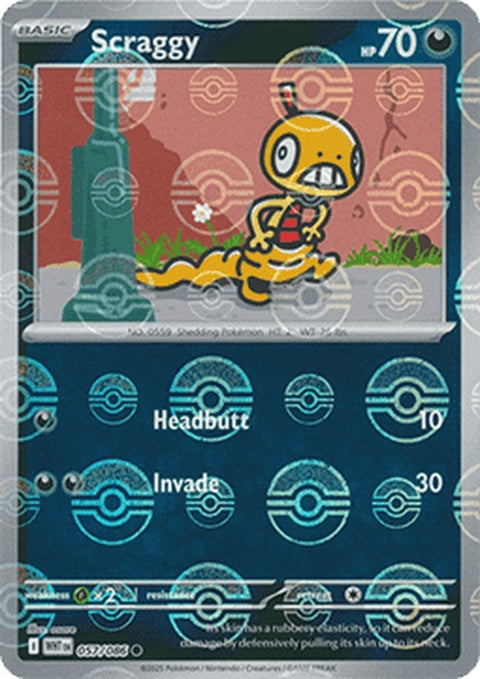 White Flare Scraggy Pokémon figure, 57, with poke ball pattern, featuring a white flare design, from the Pokémon singles collection.
