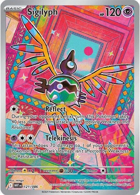 White Flare Sigilyph Pokémon card from the Singles collection, featuring a white and purple bird with colorful design.