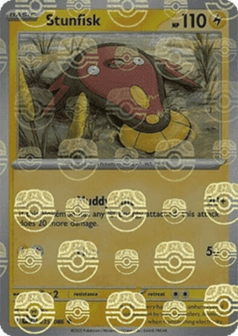 White Flare Stunfisk Pokémon figure with Master Ball pattern, showcasing its unique design and vibrant white color.