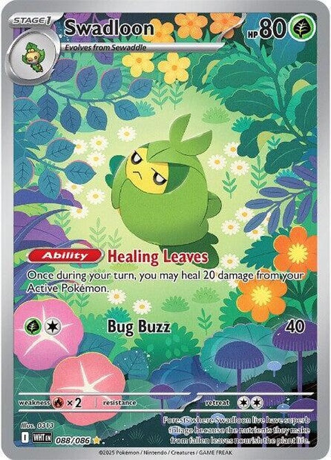 White Flare Swadloon Pokémon singles card featuring a white and green insect Pokémon with a flare-like tail.