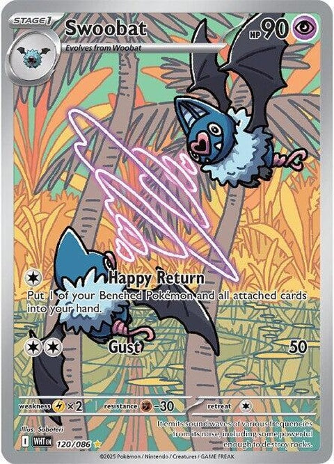 White Flare Swoobat Pokémon singles card featuring a white and purple illustration of Swoobat in a dynamic pose.