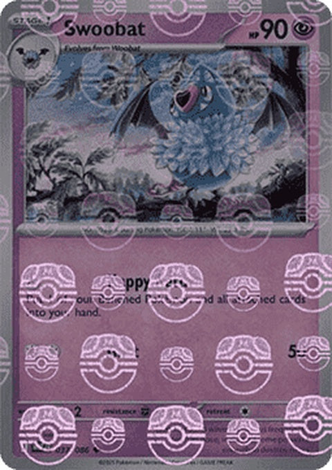 White Flare Swoobat Pokémon singles card with Master Ball pattern, featuring a white and blue design.