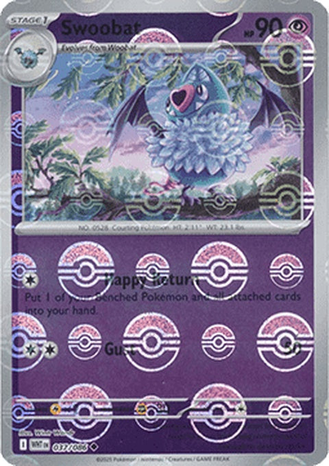 White flare Pokémon Swoobat card featuring Poke Ball pattern, size 37, with vibrant Pokémon-themed design.