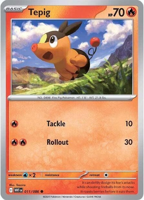 White Flare Tepig Pokémon single card, featuring Tepig in a white flare design, ideal for Pokémon trading card collections.