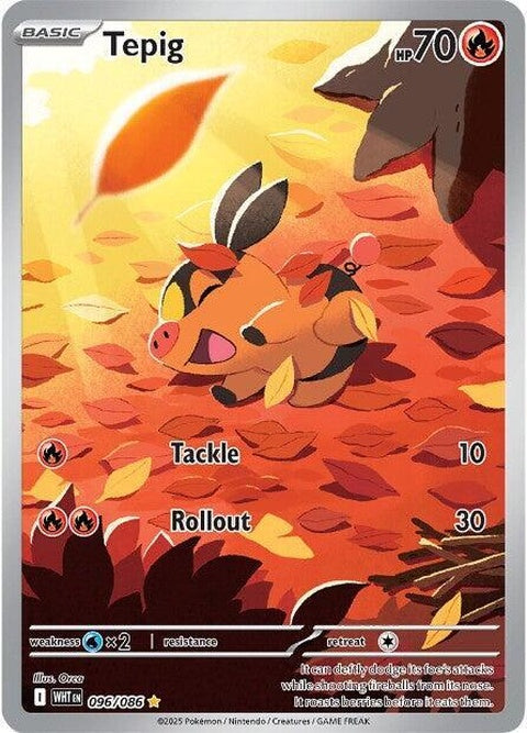 White Flare Tepig Pokémon single card, featuring Tepig in a white flare design, from the Pokémon trading card game.