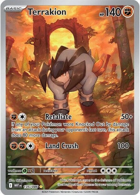 White Flare Terrakion Pokémon card from the Singles set, featuring a white background and detailed artwork of the legendary Pokémon.