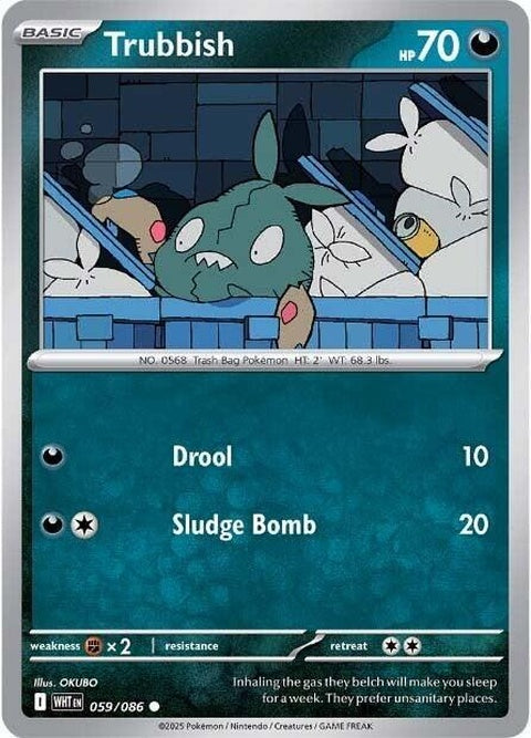 White Flare Trubbish Pokémon single card, featuring the Pokémon in a white background with its name and artwork.