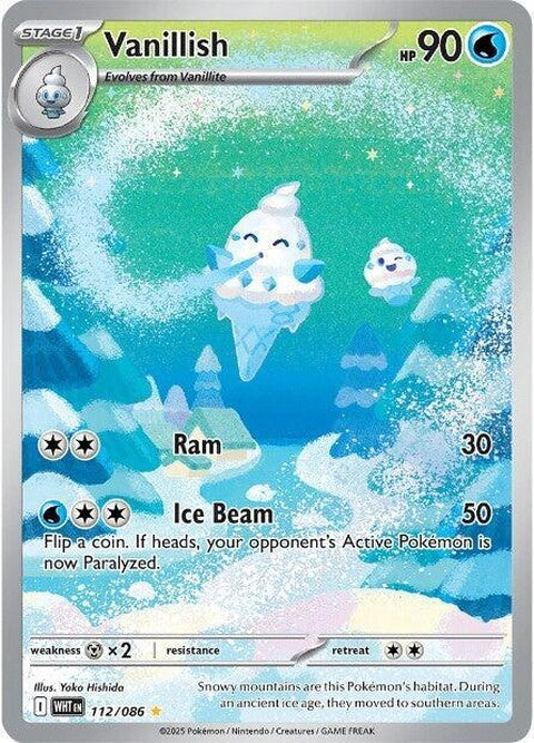 White Flare Vanillish Pokémon singles card featuring a white and blue Ice-type Pokémon with a flare-like design.