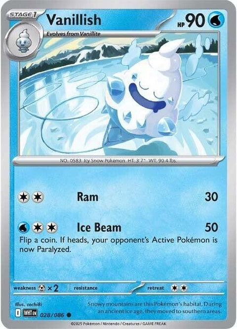 White Flare Vanillish Pokémon singles card in a sleeve, featuring a white and blue design with Vanillish’s image and branding.