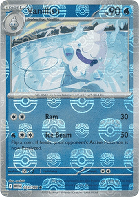 White Vanillish Pokémon figure with a master ball pattern, designed for singles play, in a white flare style.