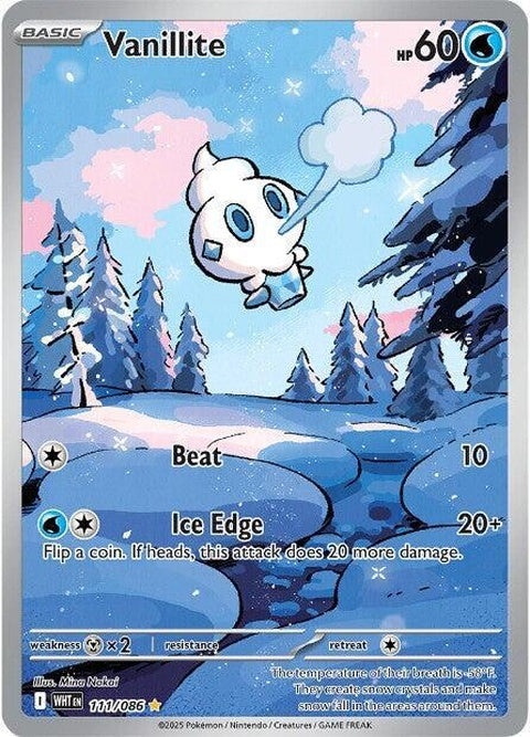 White Flare Vanillite Pokémon singles card, featuring a white penguin-like creature with icy flare details.
