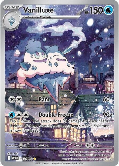 White Flare Vanilluxe Pokémon single card, featuring a white and blue Pokémon with icy design elements.