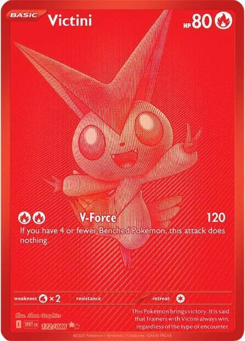White Flare Victini Pokémon card from the Singles series, featuring a vibrant illustration of the Fire-type Pokémon Victini.