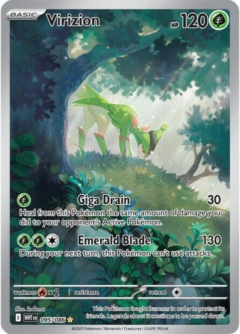 White Flare Virizion Pokémon card, featuring a white-themed design and the number 95, from the Singles series.
