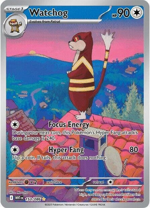 White Flare Watchog Pokémon singles card featuring a Watchog with bright white design and detailed artwork.
