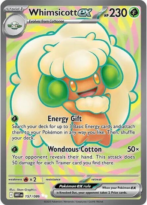 White Flare Whimsicott EX Pokémon card from the Singles set, featuring a white-flared design and artwork of Whimsicott EX.
