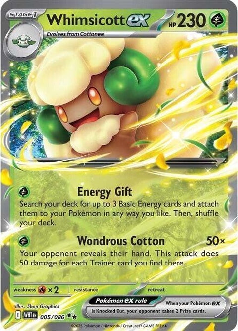 White Flare Whimsicott Ex Pokémon card from the Singles collection, featuring a white-themed flare design.