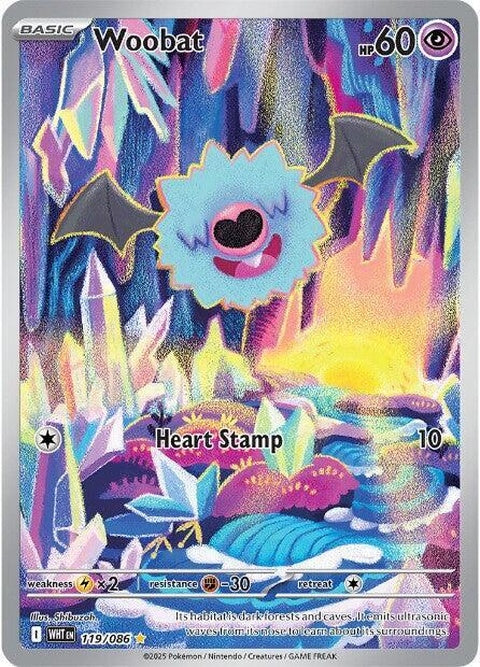 White Flare Woobat Pokémon single card, featuring artwork of a blue bat-like creature with white accents.