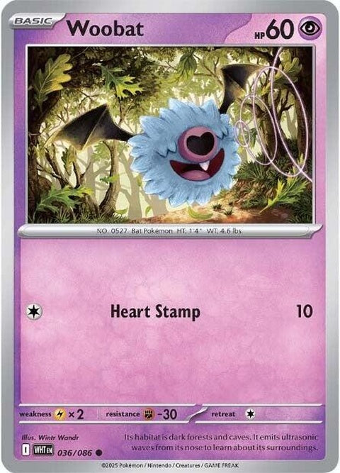 White Flare Pokémon Woobat card, 36 singles, featuring artwork of the Psychic and Flying type Pokémon from the Pokémon brand.