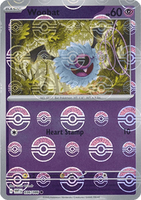 White Flare Woobat Pokémon singles card featuring a Poke Ball pattern, styled with a white background and vibrant design elements.