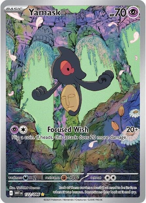 White Flare Yamask Pokémon card from the Singles collection featuring a white and black design with detailed artwork.