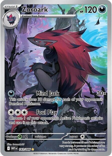 White Flare Zoroark Pokémon card featuring a white and black design with Zoroark in a dynamic pose, from the Singles series.