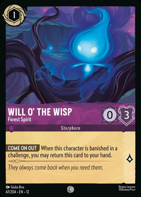 Disney Lorcana Will O' The Wisp Forest Spirit single card, featuring a glowing spirit in a mystical forest scene.