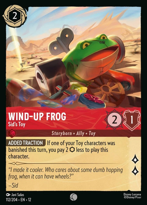 Disney Lorcana Wind-Up Frog Sid's Toy, a small green wind-up frog figure with detailed features and a playful appearance.