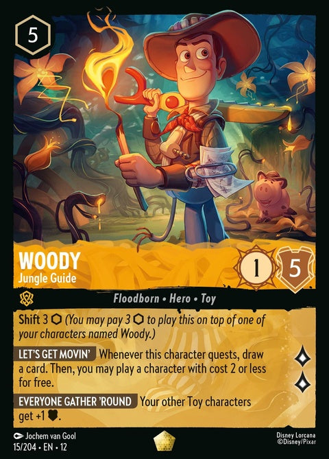 Disney Lorcana Woody Jungle Guide 15 card featuring Woody in a jungle setting from the Disney Lorcana singles collection.